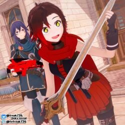 +_+ 2girls 3d :d bare_arms black_choker black_eyes black_hair blue_eyes blue_hair boots brand_of_the_exalt breasts cape choker crossover eastern_and_western_character excited falchion_(fire_emblem) fefreak726 female female_only fingerless_gloves fire_emblem fire_emblem_awakening frilled_skirt frills frown gloves gradient_hair hair_between_eyes hand_up happy holding holding_weapon long_hair long_sleeves lucina_(fire_emblem) medium_breasts multicolored_hair multiple_girls nintendo open_mouth outdoors pantyhose red_hair ruby_rose rwby short_hair shy shy_smile skirt small_breasts smile standing sword symbol-shaped_pupils thigh_boots tiara weapon weapon_switch