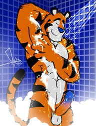 1boy balls bathroom bgn blue_nose closed_eyes gay male male_focus male_only nude nude_male penis shower signature solo solo_male tail testicles tony_the_tiger