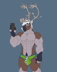 1boy 2015 abs anthro antlers biceps big_muscles big_penis black_fur brown_fur chest_tuft clothed clothing fur green_eyes grey_fur grey_hair hair half-dressed hooves horn looking_at_viewer male male_only mammal mnty mnty_(character) muscles nipples pecs penis phone pose selfie smile solo standing topless tuft underwear