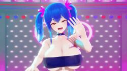 3d belt_bra big_breasts blue_hair bouncing_breasts character_request enieu huge_breasts iwara large_breasts loop looping_animation mikoto_(iwara) mmd no_sound tagme video wave waving_at_viewer