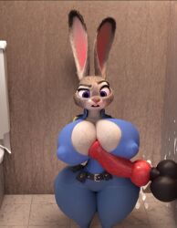 1boy 1girls ai_generated bathroom big_breasts bunny_ears canine_penis glory_hole hard_nipples huge_ass huge_breasts huge_cock indoors judy_hopps knotted_penis lagomorph looking_at_penis looking_down nipple_bulge side_paizuri tensor_art uniform zootopia