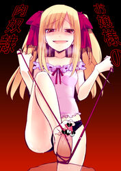 1boy barefoot blonde_hair blush censored dress feet female femdom footjob grin heart highres long_hair male off_shoulder open_mouth original peach-tea penis pointless_censoring red_eyes ribbon sweat tied_hair toes twintails