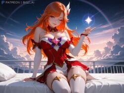 1girls absurd_res ai_generated artist_name bed big_breasts bigz_ai choker collar curvy curvy_figure female female_only highres huge_breasts large_breasts league_of_legends league_of_legends:_wild_rift light-skinned_female light_skin long_hair magical_girl miss_fortune night outdoors rainbow red_hair riot_games solo solo_female star_guardian_miss_fortune star_guardian_series teasing wink
