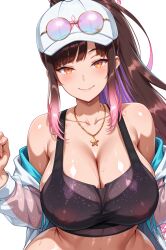 1girls ai_generated bare_midriff big_breasts black_hair breasts cap cleavage female female_focus female_only fishnets fully_clothed glasses glasses_on_head hana_yomeguri highres indie_virtual_youtuber light-skinned_female light_skin long_hair looking_at_viewer midriff minishorts multicolored_hair open_clothes open_jacket open_mouth orange_eyes ponytail simple_background slash-ex smiling_at_viewer two-tone_hair virtual_youtuber