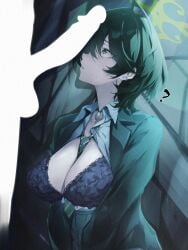 1boy 1girls ? between_breasts blue_archive bow bowtie bra breasts cleavage collared_shirt commentary_request diagonal-striped_bow diagonal-striped_bowtie diagonal-striped_clothes ear_piercing ei_(eiei_e1) erection female from_side fuyu_(blue_archive) green_eyes green_hair green_halo green_jacket halo highres jacket lace-trimmed_bra lace_trim large_breasts looking_up mole mole_under_eye necktie necktie_between_breasts negative_space parted_lips partially_open_shirt penis piercing shirt short_hair silhouette small_sweatdrop straight striped_bow striped_bowtie striped_clothes striped_necktie underwear upturned_eyes white_shirt wolf_cut