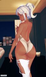 1girls 3d 3d_(artwork) arrancon ass ass_focus half-dressed half_naked half_naked_female looking_back purple_eyes robyn_hill rwby solo_female white_hair white_hair_female