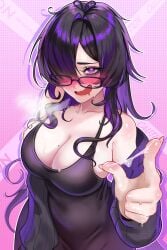 armpit_crease bare_shoulders black-framed_eyewear black_cardigan black_dress black_hair blunt_bangs blush breasts cardigan cleavage collarbone colored_inner_hair commentary dotted_background dress english_commentary female glasses goddess_of_victory:_nikke hair_over_one_eye hand_up heavy_breathing highres huge_breasts label_(nikke) large_breasts long_bangs long_hair long_sleeves looking_at_viewer looking_over_eyewear mole mole_on_breast multicolored_hair naughty_face off_shoulder open_cardigan open_clothes open_mouth outline pale_skin patreon_username pink_background prywinko purple_eyes purple_hair pussy_juice pussy_juice_on_fingers sleeveless sleeveless_dress solo spaghetti_strap streaked_hair sweat taut_clothes taut_dress tight_clothes tight_dress two-tone_background upper_body wavy_mouth white_outline