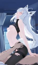 1boy absurdres ahoge animal_ears azur_lane black_pantyhose black_sweater breasts clothes_lift commentary_request cowgirl_position female fox_ears fox_girl fox_tail from_side hands_on_another's_hips highres kawakaze_(azur_lane) long_hair natsuki_(natsu_1936) nipples open_mouth pantyhose sex sleeveless sleeveless_turtleneck small_breasts straight sweater sweater_lift tail thighband_pantyhose torn_clothes torn_pantyhose turtleneck turtleneck_sweater vaginal_penetration white_hair