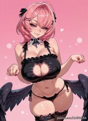 1girl 2026 ahoge ai_generated anime bangs bare_shoulders black_bra black_panties black_thighhighs black_wings blush boobs bra breasts cat_cutout cat_ear_panties cat_lingerie choker cleavage cleavage_cutout clothing_cutout collar covered_nipples cowboy_shot crossover demon_wings earrings eye_contact female female_focus flushed frilled_bra frills gradient gradient_background hair_accessory hair_ornament hairclip hands_up heart highres hoyoverse huge_breasts jewelry large_breasts looking_at_viewer low_wings medium_hair meme_attire midriff mihoyo nail_polish navel nsfw panties parted_lips patreon paw_pose pink_background pink_hair pointy_ears purple_eyes ramiel_(zenless_zone_zero) rognezart side-tie_panties smile smiling solo stomach thick_thighs thighhighs thighs underwear underwear_only wings x_hair_ornament zenless_zone_zero