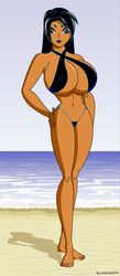1girls beach big_breasts bikini bimbo black_hair blackfire breasts busty cleavage dark-skinned_female dark_skin dc dc_comics erect_nipples eyeshadow female hourglass_figure komand'r lipstick long_hair makeup nipples ocean omicron654 orange_skin purple_eyes shiny shiny_skin side-tie_bikini solo string_bikini tamaranean teen_titans voluptuous