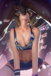 1girls 3boys 3d 3d_(artwork) absurd_res absurdres alternate_version_available balls belt big_breasts blonde_hair blowjob breasts cheerleader cleavage clothes_writing collarbone completely_nude crop_top dark-skinned_male dark_skin deepthroat female female_focus from_below fugtrup grasshopper_manufacture head_out_of_frame highres interracial irrumatio juliet_starling kneeling large_breasts large_penis lollipop_chainsaw male midriff miniskirt multiple_boys multiple_males navel nipple_slip nipples nude oral penis protected_link saliva skirt sleeveless solo_focus straight testicles thighhighs throat_bulge twintails uncensored white_thighhighs zettai_ryouiki