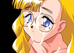 1girls 90s animated black_background blue_eyes blush braid closed_eyes cum cum_on_body cum_on_face cum_on_glasses cum_on_upper_body cumshot ejaculation eyebrows_visible_through_hair facial female female_only game_cg glasses karin_(viper) looking_at_another lowres nude offscreen_character open_mouth simple_background sogna solo tied_hair tongue twin_braids twintails viper_(series) viper_v16