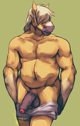 1boy anthro balls blonde_hair boulevard chubby equine flaccid hair horse male male_only muscles muscular muscular_male penis solo topless uncut undressing