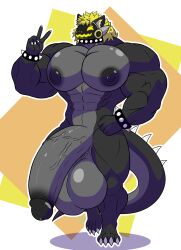 absurd_res balls big_balls big_muscles big_pecs big_penis blonde_hair bracelet collar eyewear eyewear_on_head genitals gesture hair hand_gesture hi_res huge_balls huge_cock huge_pecs human humanoid hyper hyper_balls hyper_genitalia hyper_penis jewelry machine male mammal mike_dramon_(artist) mikegen muscular muscular_male nipples pecs pecs_with_breasts penis protogen smile solo spiked_bracelet spiked_collar spikes tail v_sign