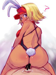 animal_ears arcana_heart arcana_heart_2 ass bare_back blonde_hair blue_eyes bunny_ears bunny_tail buttjob catherine_kyoubashi censored cum cum_on_body cum_on_self cum_on_stomach cum_pool dark_skin grinding looking_back outercourse panties sex short_hair solo swimsuit tail thong underwear visor visor_cap zero_hime