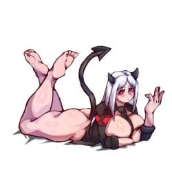 1girls ass ass_up bangs big_ass bottomless burn_scar clothed devil_horns devil_tail female hanztakeshir18_(artist) helltaker helltaker_oc horns jack-o_pose long_hair looking_at_viewer lying oc original original_character pale_skin plain_background rami_rizu12 red_eyes regetta regetta_(hanztakeshir18) solo tagme tail white_background white_hair