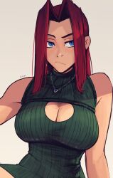 1girls blue_eyes boob_window breasts eyebrow_raise female frown grumpy highres large_breasts looking_away necklace original original_character raichiyo33 red_hair rika_(raichiyo33) simple_background sleeveless sleeveless_dress solo white_background