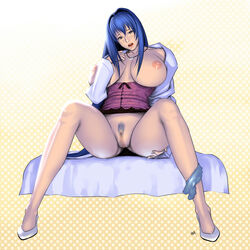 blue_hair blush bottomless breasts high_heels huge_breasts labcoat legs maken-ki! nijou_aki nipples no_bra open_clothes open_shirt panties panties_around_leg panties_around_one_leg pubic_hair pussy shirt spread_legs underwear wakino_keibun