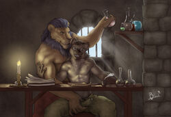 2boys animal_ears anthro blue_hair blue_mane book bottle candle candle_holder candle_light candlelight feline fur fur_on_chest furry gay glasses green_pants grope hyena lion lion21 male muscular muscular_male muzzle paper potion potion_bottle precum precum_through_clothing round_glasses shelf size_difference stealing table teath tendaji theft window window_light