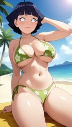 ai_generated beach bikini bikini_bottom_aside black_hair blue_eyes blue_sky blunt_bangs blush boruto:_naruto_next_generations boruto:_two_blue_vortex breasts closed_mouth clothing_aside cloud day female floral_print green_bikini hd large_breasts looking_at_viewer naruto naruto_(series) navel outdoors pussy short_hair shounen_jump side-tie_bikini_bottom sitting sky smile solo sweat swimsuit tree uncensored uzumaki_himawari uzumaki_himri white_eyes