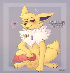 absurd_res animal_genitalia animal_penis big_penis bodily_fluids canid canine canine_genitalia canine_penis cum cum_drip dripping eeveelution feral gem generation_1_pokemon genital_fluids genitals hi_res jolteon knot knotted_penis male male_only mammal nintendo penis pokemon pokemon_(species) simple_background solo soruchee_(soruchee) text vikhuskffee yellow_body