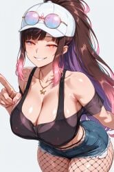 1female _butt ai_generated bare_shoulders baseball_cap bitch black_shirt black_tank_top blue_eyes brown_hair cleavage collarbone crazy crop_top cute_face evil evil_gaze evil_smirk eyewear_on_head eyewear_on_headwear female fishnets_tights gesugao gradient_hair hair_behind_ear hana_yomeguri high_ponytail huge huge_hips ia_generated jean_shorts jewelry large_breasts long_hair mini_shorts mocking multicolored_eyes multicolored_hair necklace off-shoulder_shirt orange_eyes pink_hair pointing_at_the_viewer ponytail purple_hair red_eyes round_eyewear see-through see-through_shirt shorts sidelocks simple_background small_waist smiling star_(symbol) star_necklace sunglasses tinted_eyewear very_long_hair white_headwear