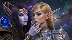 ai_generated alleria_windrunner armored_female blonde_hair blue_eyes corruption dominant_female elf elf_ears elf_female female_only hand_on_chin high_elf purple_eyes purple_skin seduction sensual sinastrel submissive submissive_female void_corruption_(warcraft) void_elf world_of_warcraft xal'atath yuri