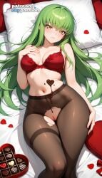 1girls 2026 ai_assisted ai_generated anime artist_name bangs bed bed_sheet blush bra breasts bust c.c. chocolate code_geass explicit eyebrows_visible_through_hair frilled_pillow gift gift_box green_hair heart-shaped_chocolate hi_res high_quality high_resolution highres long_hair looking_at_viewer lying on_bed patreon patreon_username petals pillow red_flower red_rose rose rose_petals skypassion solo stable_diffusion torn_clothes torn_legwear underwear valentine valentine's_day valentines_day watermark