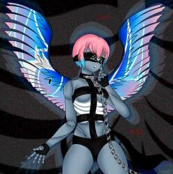 1girls angel_(megami_tensei)_(cosplay) angel_wings black_lipstick blindfold blindfolded blue_body blue_hair breasts chains collar cosplay female female_only fingerless_gloves gradient_hair medium_breasts megami_tensei multicolored_hair oc original_character pink_hair robot robot_girl robot_humanoid shin_megami_tensei shiomivoid short_hair thick_thighs wings
