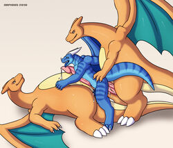 2010 big_penis charizard chubby claws cum cum_in_ass cum_inside dragon dripping erection furry gay gradient_background horn impious male nintendo no_humans nude open_mouth penis pokemon pokemon_(species) sex simple_background tail threesome wings