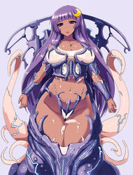 bare_shoulders biosuit blush breasts dark_skin female ishimiso_(ishimura) large_breasts living_clothes long_hair mind_control monster patchouli_knowledge purple_eyes purple_hair restrained tentacle touhou vore