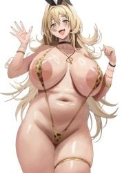 animal_print animated areola_slip black_ribbon blonde_hair blush bouncing_breasts bracelet breasts choker female goddess_of_victory:_nikke green_eyes hair_between_eyes hair_intakes hair_ornament hairclip huge_breasts jasony jewelry large_areolae leopard_print long_hair looking_at_viewer navel necklace open_mouth ribbon rupee_(nikke) slingshot_swimsuit smile solo swimsuit thick_thighs thigh_strap thighs yellow_slingshot_swimsuit