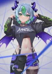 1girls belly_button big_breasts blush breasts collar cowboy_shot crop_top eyelashes eyeshadow female fishnet_clothing fishnet_topwear fishnets flat_stomach froot goth goth_girl green_eyes green_hair hips hood hoodie horn_piercing horns indie_virtual_youtuber large_breasts layered_sleeves long_eyelashes long_sleeves looking_at_viewer midriff multicolored_hair navel open_fly pale-skinned_female pale_skin pants pantyhose purple_eyeshadow ripped_clothing ripped_pants short_hair shorts smile solo spiked_collar stomach straps thighhighs thighs thong thong_straps tomboy torn_clothes torn_pants underboob virtual_youtuber vtuber wings