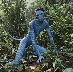 1boy 3d ai_generated alien alien_humanoid anthro avatar avatar:_the_way_of_water blue_body blue_skin crouching forest gay kneeling lo'ak looking_at_viewer male na'vi naked nature non-human nude nude_male on_all_fours on_ground pointy_ears realistic solo tail teenager yellow_eyes