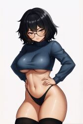 1girls 2d ai_generated bangs black_hair black_panties black_stockings blue_sweater brown_eyes cel_shading censored closed_mouth cropped_sweater digital_media female female_only g-string glasses hands_on_hips highres illustration large_breasts lollololli long_sleeves looking_at_viewer low_waist_panties masterpiece messy_hair navel panties round_glasses serious shiny_skin short_hair simple_background slender_waist solo standing stockings stomach sweater thick_thighs thighhighs toned turtleneck underbust voluptuous white_background wide_hips