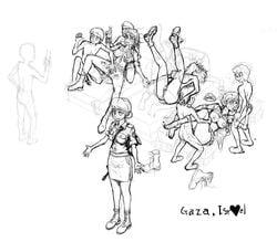 4girls female female_soldier gogocherry human male male_focus monochrome multiple_girls nipples orgy pussy rough_sketch sex soldier straight uncensored