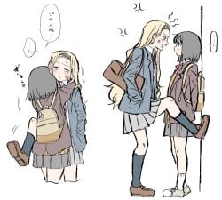 ... 2girls anger_vein backpack bag black_hair black_hairband blazer blonde_hair blue_jacket blush bow bowtie brown_jacket brown_shoes closed_mouth commentary_request female female_only grey_skirt hairband hug hugging hugging_another jacket kirarazaka_marina kuze_shizuka loafers long_hair looking_at_another medium_hair multiple_girls open_mouth pleated_skirt pottode red_bow red_bowtie scar scar_on_face school_bag shoes skirt speech_bubble spoken_ellipsis sweat takopii_no_genzai translation_request wholesome yuri