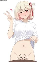 ;q absurdres blonde_hair blush bob_cut body_writing bottomless breasts clitoral_hood clothes_lift collarbone commentary_request do_you_want_to_pet_my_cat_(meme) female hair_ribbon hair_rings heart highres large_breasts lifting_own_clothes looking_at_viewer lycoris_recoil meme navel nishikigi_chisato nose_blush one_eye_closed pussy red_eyes red_ribbon ribbon roswell_ss shirt shirt_lift short_hair simple_background single_hair_ring smile solo stomach tongue tongue_out v white_background white_shirt