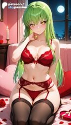 1girls 2026 ai_assisted ai_generated anime artist_name bed blush breasts bust c.c. code_geass condom_wrapper explicit flower garter_belt green_hair hi_res high_quality high_resolution highres indoors long_hair navel night on_bed patreon patreon_username petals pillow red_flower red_rose rose rose_petals skypassion smile solo stable_diffusion thighhighs underwear valentine's_day valentines_day watermark white_rose window yellow_eyes