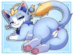 2026 2d 2d_(artwork) 4:3 absurd_res alternate_version_available anus blue_body blue_eyes blue_fur digital_media_(artwork) eyebrows eyelashes felid feline felis female fur furry genitals hextali hi_res league_of_legends long_tail looking_at_viewer looking_back looking_back_at_viewer mammal neck_tuft riot_games simple_background tagme tail tencent tuft vulva watermark yuumi_(lol)