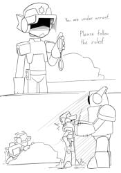 brawl_stars cop larry_(brawl_stars) lawrie_(brawl_stars) line_art r-t_(brawl_stars) reko_(artist) robot robot_boy surge_(brawl_stars) text uncolored