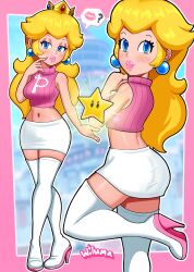 1girls 2d artist_name ass ass_shot belly belly_button big_lips blonde_hair blue_eyes blush boots bottomwear breasts clothed clothed_female clothing color crop_top cropped_sweater crown earrings female female_only footwear full_body full_color hair half-closed_eyes headwear heels high_heel_boots high_heels hips holding_object lips lipstick lipstick_mark long_hair looking_back mario_(series) medium_breasts multiple_views nail_polish nails navel nintendo non-nude pencil_skirt pink_lips pink_lipstick pink_nail_polish pink_nails plump_lips princess_peach question_mark short_skirt side_view skirt sleeveless_turtleneck smile solo solo_female speech_bubble star thick_lips thighhigh_boots topwear variant_set white_boots white_skirt wiluma