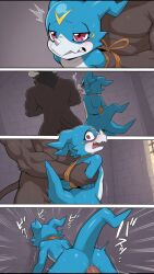ai_generated blue_body blue_skin digimon dinosaur minotaur penetration raped_by_monster stomach_bulge veemon