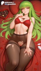1girls 2026 ai_assisted ai_generated anime artist_name bra breasts bust c.c. code_geass explicit finger_to_mouth green_hair hi_res high_quality high_resolution highres laying_down long_hair looking_at_viewer lying lying_on_back navel on_back pantyhose patreon patreon_username petals skypassion solo stable_diffusion torn_clothes torn_legwear underwear valentine's_day valentines_day watermark yellow_eyes