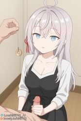 1boy 1girls ahoge ai_generated alisa_mikhailovna_kujou black_dress blue_eyes boosty_username breasts cleavage clothed_female_nude_male coin coin_on_string collarbone dress emotionless_sex empty_eyes female grey_hair hair_between_eyes hair_ribbon handjob hypnosis indoors kirill782 long_hair medium_breasts mind_control pendulum penis ribbon shirt stable_diffusion straight telegram_username tokidoki_bosotto_russian_de_dereru_tonari_no_alya-san watermark white_shirt
