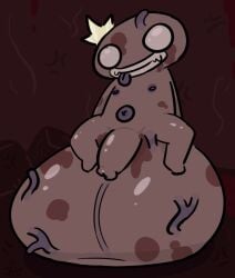 anthro areola balls big_balls big_penis blood bodily_fluids crown crown_only erinthebat flaccid foreskin genitals headgear headgear_only huge_balls huge_cock hyper hyper_balls hyper_genitalia male mewgenics navel nipples penis red_body sitting_on_balls smile solo throbbing_king_(mewgenics) tongue tongue_out vein veiny_balls