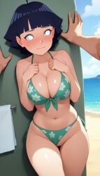 1boy against_wall ahoge ai_generated beach bikini bikini_bottom_aside blue_sky blunt_bangs blush boruto:_naruto_next_generations boruto:_two_blue_vortex breasts cleavage clothing_aside cloud collarbone day embarrassed female floral_print front-tie_bikini_top front-tie_top green_bikini hd kabedon large_breasts looking_at_viewer naruto naruto_(series) navel ocean outdoors pov pov_hands pussy short_hair shounen_jump side-tie_bikini_bottom sky solo_focus straight swimsuit thigh_gap towel uzumaki_himawari uzumaki_himri white_eyes