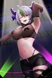 1girls ahoge areola areola_slip areolae areolae_slip arm_up armpits artist_name bare_shoulders belly_button big_breasts blush breasts cowboy_shot crop_top cross_pasties detached_sleeves eyelashes eyeshadow female fishnet_clothing fishnet_topwear fishnets froot goth goth_girl green_eyes green_hair hips horn_piercing horns huge_breasts indie_virtual_youtuber large_breasts legs_together looking_at_viewer midriff multicolored_hair navel nipple_pasties one_eye_closed open_fly pale-skinned_female pale_skin pants pantyhose pasties purple_eyeshadow ripped_clothing ripped_pants short_hair shorts slim_waist smile solo stomach thick_thighs thighhighs thighs thong thong_straps tomboy torn_clothes torn_pants tummy virtual_youtuber vtuber watermark wide_hips wings