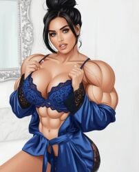 abigail_ratchford ai_assisted ai_generated belly_button bellybutton big_biceps big_breasts big_muscles blue_lingerie blue_robe bra bra_and_panties brown_hair celebrity dark_brown_hair dark_hair hazel_eyes head_tilt holding_bra holding_bra_strap huge_biceps huge_boobs huge_breasts huge_muscles instagram_model lace lace_bra lace_lingerie lace_panties large_biceps large_boobs large_breasts large_muscles large_tits lingerie long_hair long_nails looking_at_viewer muscle_mommy muscular muscular_arms muscular_female navel painted_fingernails painted_nails panties robe silk silk_robe updo vascular vascular_arms wavy_hair white_room