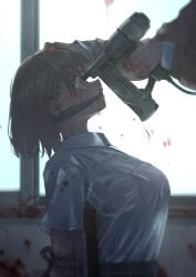 2girls absurdres blood blue_eyes bound braid captive_bolt_gun cleave_gag cloth_gag commentary_request crying crying_with_eyes_open gag gagged half_up_braid highres huyunokure imminent_death improvised_gag multiple_girls original peril shirt short_hair short_sleeves sitting tears white_shirt